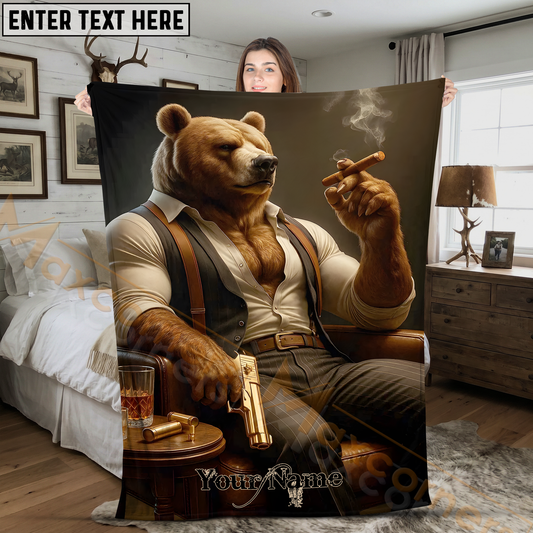 Maxcorners Gangster Brown Bear Mafia Boss Smoking Cigar with Golden Gun Personalized 3D Blanket