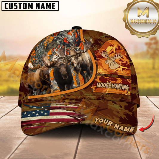 Maxcorners Moose Hunting Camo With American Flag Personalized Hat 3D Printed Multicolor | Orange