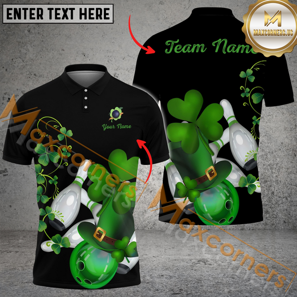 Maxcorners Bowling Ball & Pins St Patrick Multicolor Option Customized Name, Team Name 3D Polo Shirt