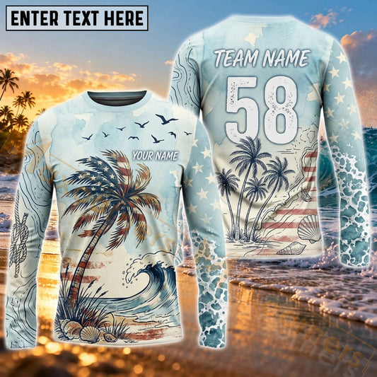 Maxcorners Surfing Tropical Palm Tree Ocean Art Customized Name, Number, Team Name 3D Long Sleeve Shirts