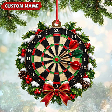 Maxcorners Darts Lover Festive Christmas Wreath, Target Board, Bow Accent Personalized Name Ornament 2D Flat