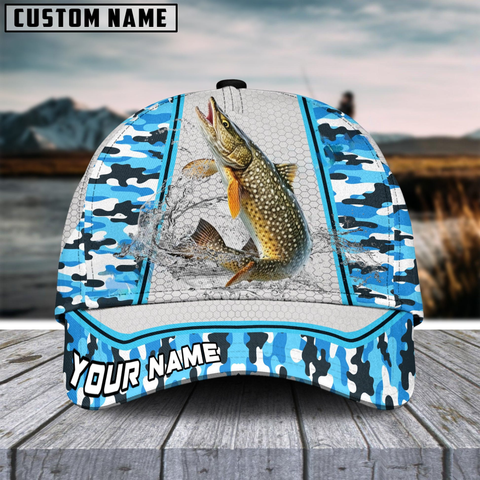 Maxcorners Pike Fishing Light Blue Camo Customized Name 3D Cap