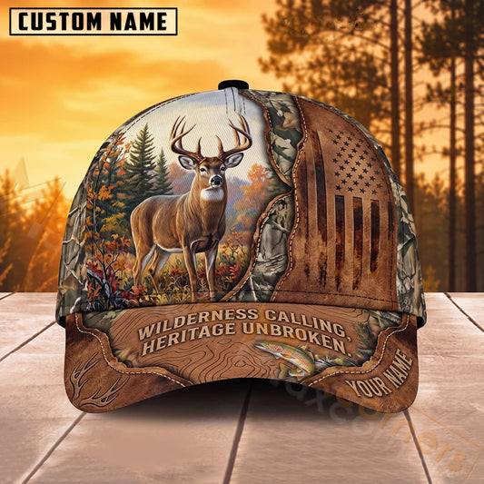 Maxcorners Deer Hunting Wilderness Landscape Vintage Leather Personalized Name 3D Cap