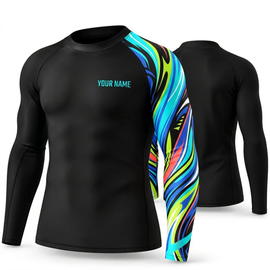Maxcorners Personalized Neon Abstract Black Shirt with Lime Blue Flowing Wave Sleeve 3D All Over Printed Shirts, Best Gifts for Art Lovers