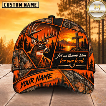 Maxcorners Deer Hunting Whitetail Buck Let Us Thank Him for Our Food Split Panel Camo Customized Name 3D Cap