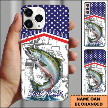 Maxcorners Chinook Fishing American Flag Nautical Sketch Style Personalized Name Phone Case