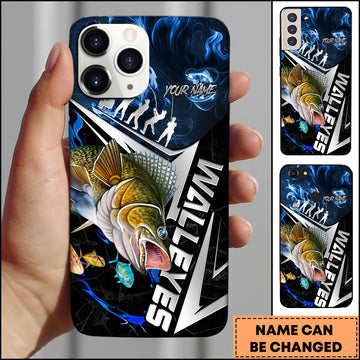 Maxcorners Walleye Fishing Blue Smoke Angler Silhouette Personalized Name 3D Phone Case