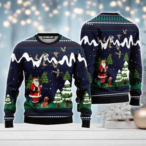 Maxcorners Santa Hunting Duck Navy Blue Christmas All Over Print Sweater