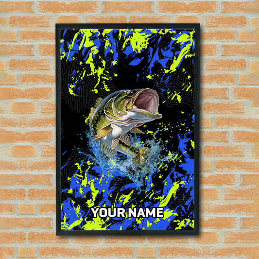 Maxcorners Largemouth Bass Fishing Neon Splash Abstract Art Personalized Name 3D Poster