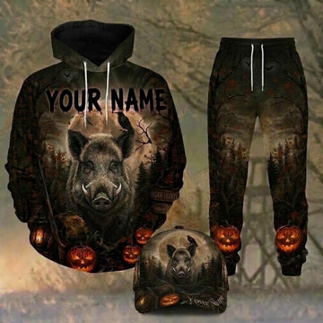 Maxcorners Hunting Halloween Boar Hunter Brown Forest Personalized 3D Combo Hoodie, Sweatpants Set & Cap