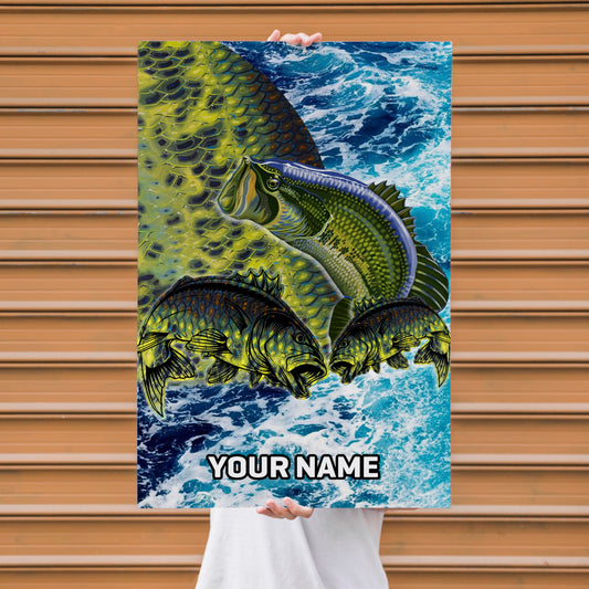 Maxcorners Largemouth Bass Fishing Ocean Scale Wave Art Personalized Name 3D Poster