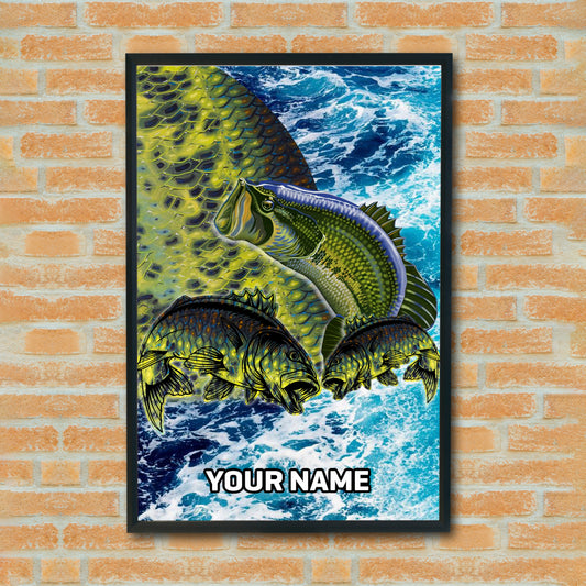 Maxcorners Largemouth Bass Fishing Ocean Scale Wave Art Personalized Name 3D Poster