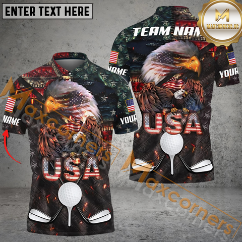 Maxcorners Golf Premium Golden Eagle Pride Of America Customized Name, Team Name 3D Polo Shirt