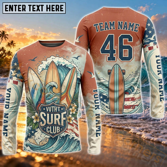 Maxcorners Surfboard Deep Blue Ocean Wave Art Customized Name, Number, Team Name 3D Long Sleeve Shirts