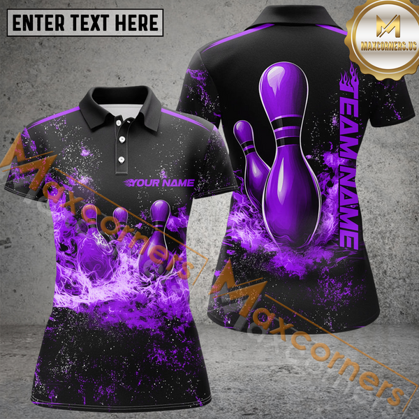 Maxcorners Black And Purple Ball Pins In Flame Bowling Jersey Customized Name, Team Name 3D Shirt