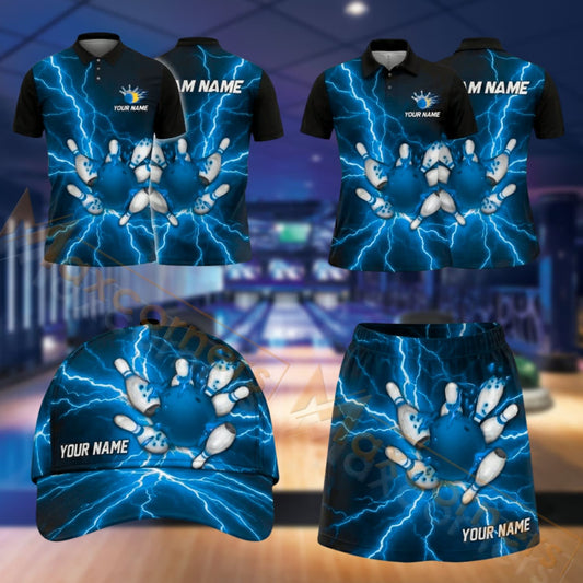 Maxcorners Bowling Lightning Bowling Ball And Pins Design Personalized Team Sportswear Set - Polo Shirt, Cap & Skorts