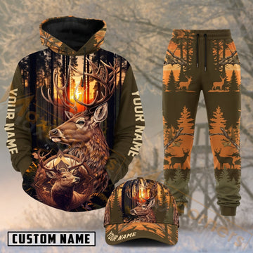 Maxcorners Hunting Whitetail Buck Campfire Forest Sunset Personalized 3D Combo Hoodie, Sweatpants Set & Cap