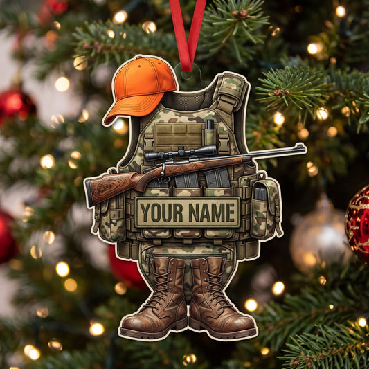 Maxcorners Hunting Orange Cap Camo Vest And Boots Personalized Name 3D Keychain And Ornament