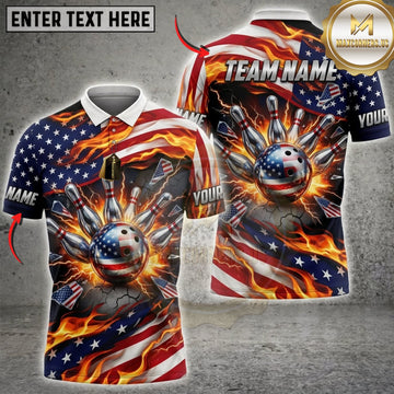 Maxcorners Bowling American Flag Flaming Bowling Ball And Eagle Wings Personalized Name 3D Unisex Shirt