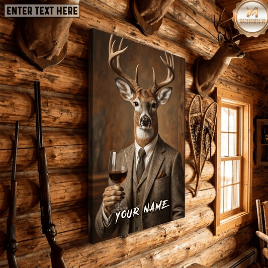 Maxcorners Deer Hunting Dapper Whitetail Buck Suit Wine Glass Gentleman Lodge Canvas Wall Art