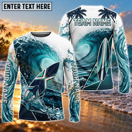Maxcorners Surfing Ocean Wave Graphic & Tropical Sea Life Art Customized Name, Team Name 3D Long Sleeve Shirt