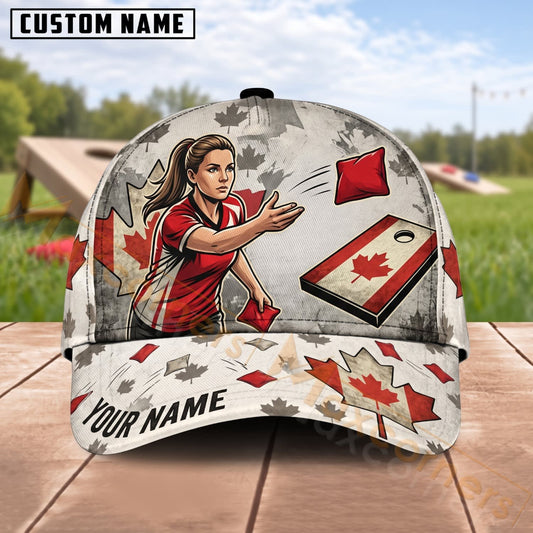 Maxcorners Cornhole Canada Female Player Vintage Maple Leaf Personalized Name 3D Cap