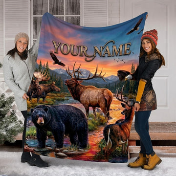 Maxcorners Hunting Bear Elk Moose Deer Eagle Wild Life Sunset Custom Name 3D Blanket