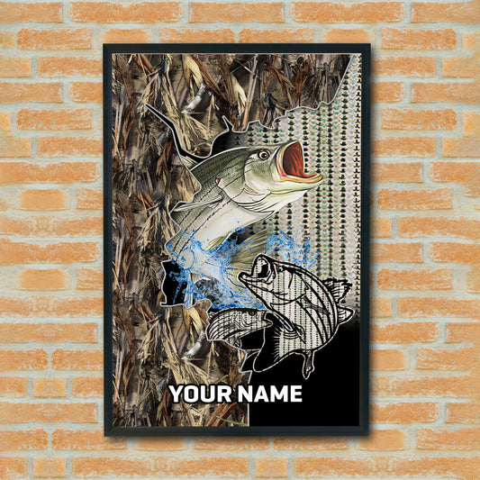 Maxcorners Striped Bass Fishing Camo Cutout Splash Design Personalized Name 3D Poster