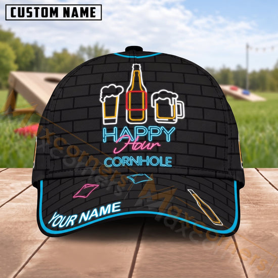 Maxcorners Cornhole Happy Cornhole Neon Beer Bottles Black Personalized Name 3D Cap