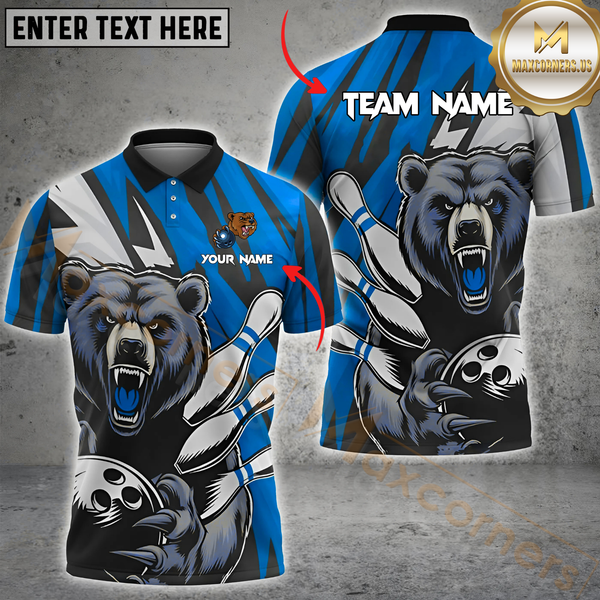 Maxcorners Bowling Fierce Bear Gear Multicolor Option Customized Name, Team Name 3D Polo Shirt