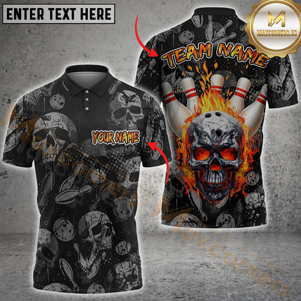 Maxcorners Bowling Burning Skull Multicolor Personalized Name, Team Name 3D Shirt
