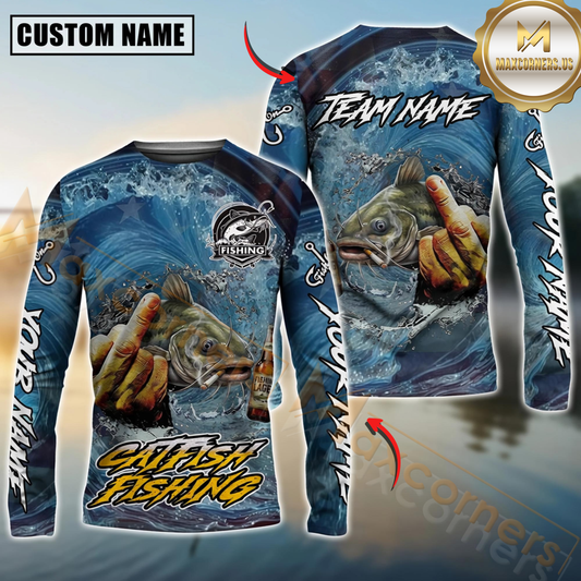 Maxcorners Fishing Seawave Stinky Finger Smoking Beer Custom Name & Team Name 3D Shirts
