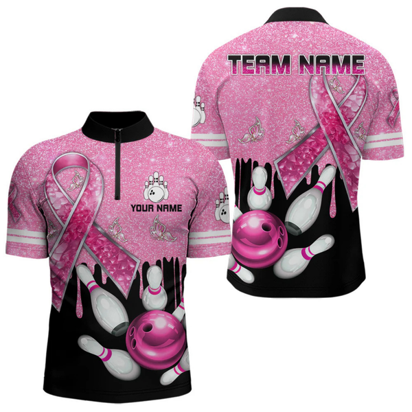 Maxcorners Black And Pink Ribbon Glitter Bowling Shirts For Men Custom Breast Cancer Team Bowling Jerseys LM105