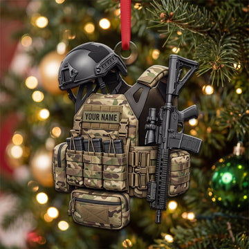 Maxcorners Military Dark Tactical Vest And Rifle Personalized Name 3D Keychain And Ornament