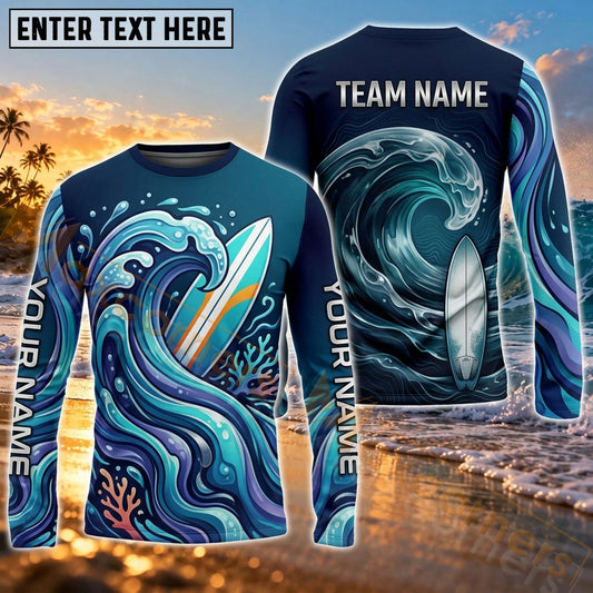 Maxcorners Surfboard Vintage Nautical Wave Art Customized Name, Team Name 3D Long Sleeve Shirt