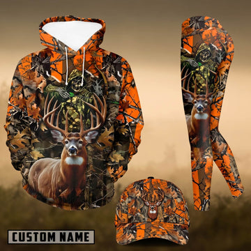 Maxcorners Hunting Whitetail Deer Skeleton Hunter Orange Camo 3D Combo Hoodie, Legging Set & Cap