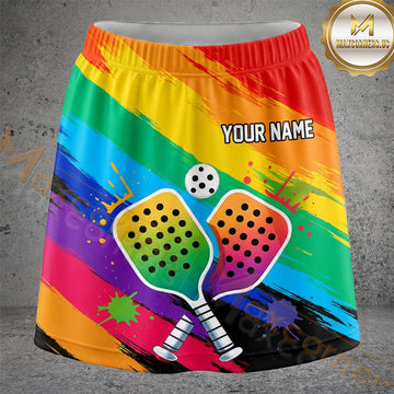 Maxcorners Pickleball Rainbow Stripe Crossed Paddles Personalized 3D Skort, Skirts With Shorts