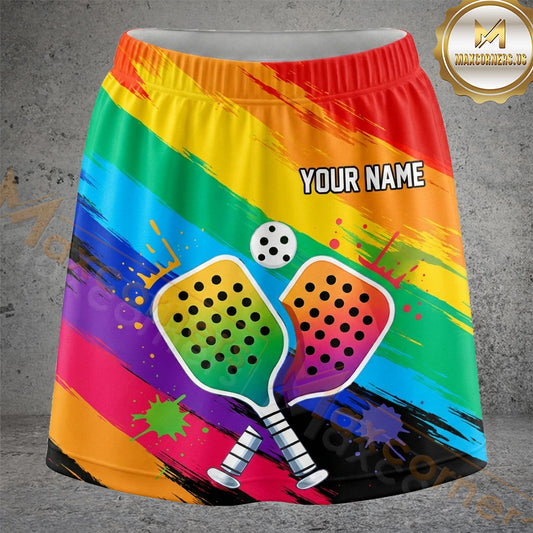 Maxcorners Pickleball Rainbow Stripe Crossed Paddles Personalized 3D Skort, Skirts With Shorts