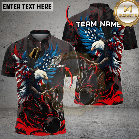 Maxcorners Bowling Almighty American Eagle US Flag Multicolor Customized Name 3D Polo Shirt (4 Colors)