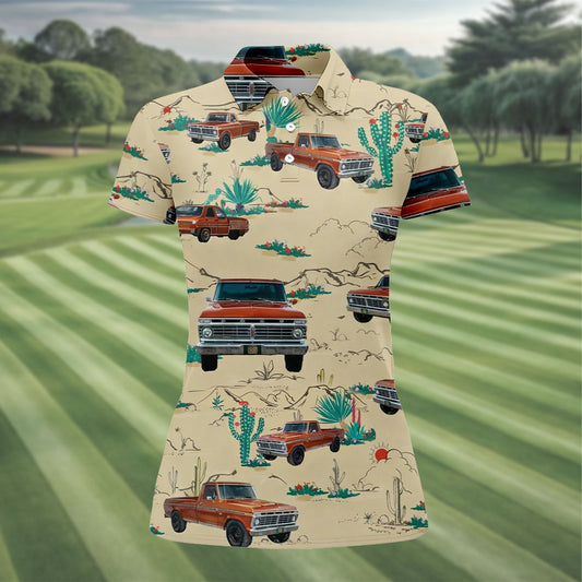 Maxcorners Personalized Pickup Truck Golf Shirt, Southwestern Desert Cactus Pattern, Golf Shirt For Women LM1507