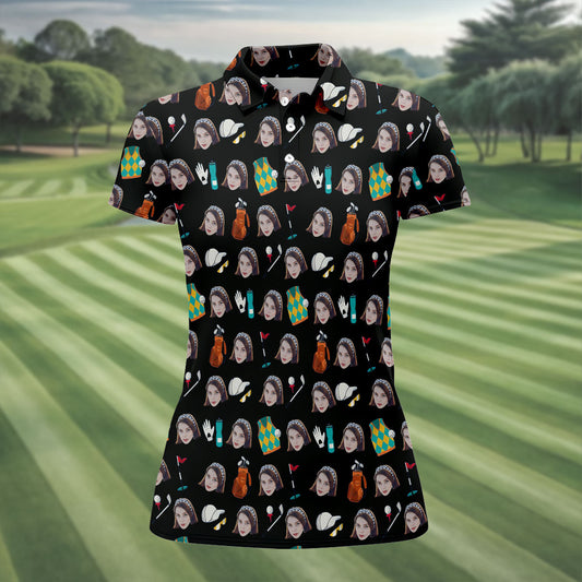 Maxcorners Black Custom Photo Golf Icons Polo Shirt, Women’s Golf Apparel, Printed Golf Shirt LM1507
