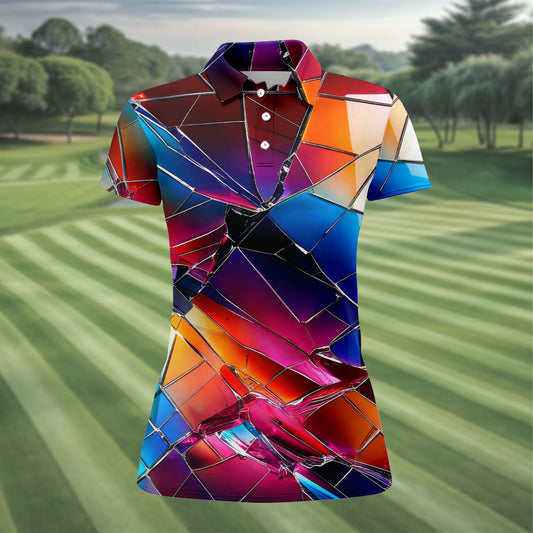 Maxcorners Colorful Broken Glass Abstract Golf Polo Shirt, Golf Tops For Women, Performance Golf Shirt LM1507