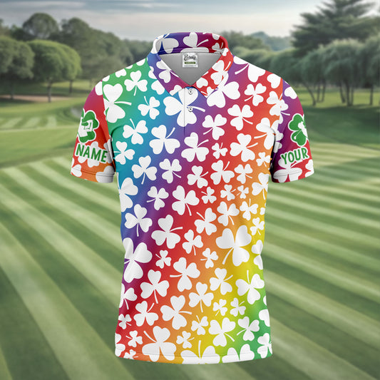 Maxcorners Rainbow Shamrock St Patrick's Day Golf Shirt, Golf Tops For Men, Polo Shirts For Men, Golf Shirts For Men