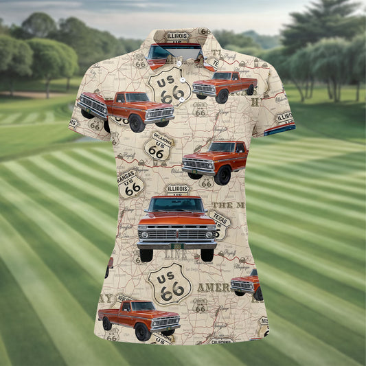 Maxcorners Custom Photo Truck Golf Shirt, Vintage Pickup Route 66 Map Pattern, Golf Shirt For Women LM1507