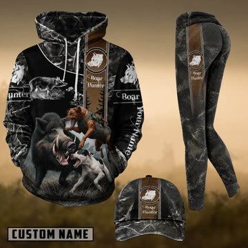 Maxcorners Hunting Wild Boar & Hunting Dogs Black Camo 3D Combo Hoodie, Legging Set & Cap
