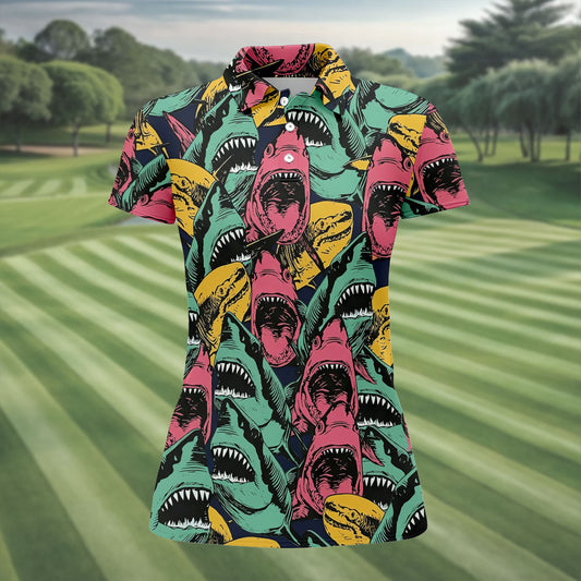 Maxcorners Colorful Vintage Shark Pattern Hawaiian Golf Shirt, Women’s Golf Apparel, Printed Golf Shirt LM1507