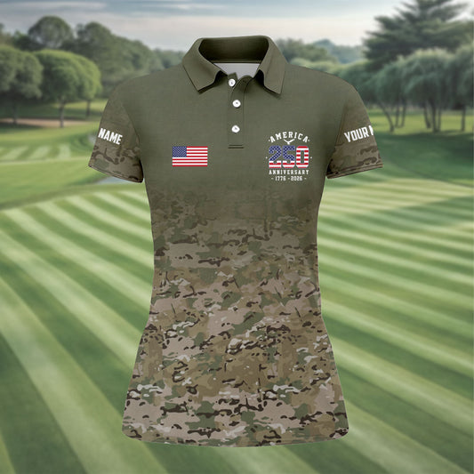 Maxcorners Custom America 250 Military Camo Golf Polo Shirt, Ladies Golf Shirts, Women's Golf Polo LM1507