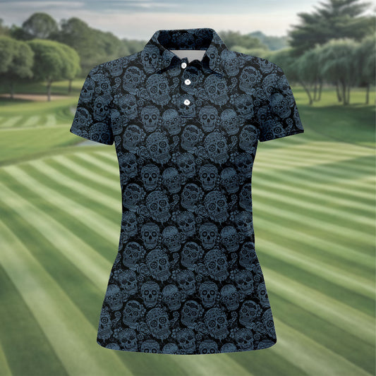 Maxcorners Gothic Sugar Skull Pattern Golf Polo Shirt, Golf Shirts For Women, Women’s Golf Polo LM1507