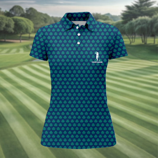 Maxcorners Three Leaf Clover Seamless Pattern St Patrick's Day Golf Shirt, Women's Golf Tops, Ladies Golf Polos