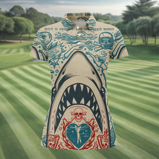 Maxcorners Vintage Shark Jaw Tattoo Art Golf Polo Shirt, Golf Shirts For Women, Women's Golf Apparel LM1507
